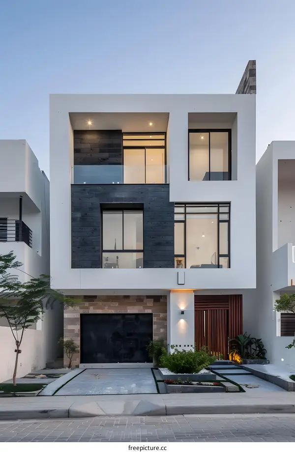 Modern White House with Black Stone Accents and Garage