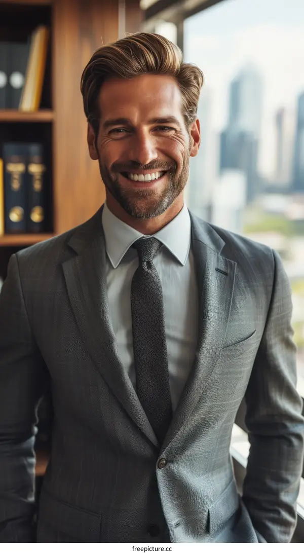 A handsome young professional man in a suit standing in an office smiling