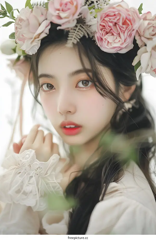 Portrait of a Young Woman Wearing a Flower Crown