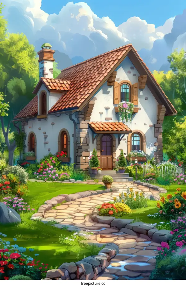 Small cottage house in the middle of a lush green field