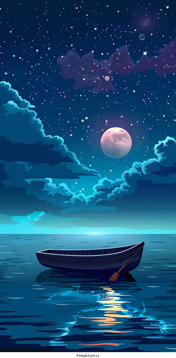 Night Sky with Full Moon and Rowboat on the Ocean