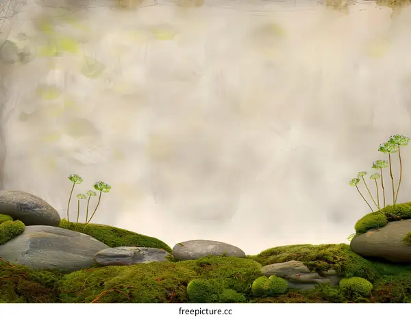 Green Moss Background with Rocks and Flowers
