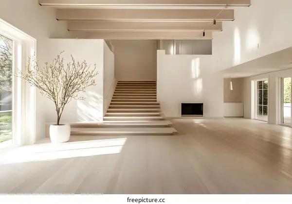 Modern Minimalist White Interior Design with Wooden Stairs