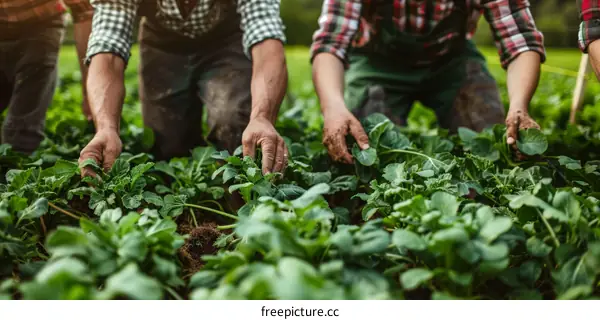 Three farmers harvesting a bountiful crop of kale