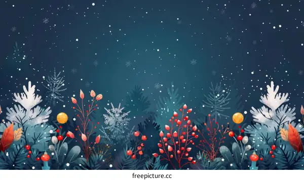 Christmas seamless border with hand drawn winter plants and snowflakes