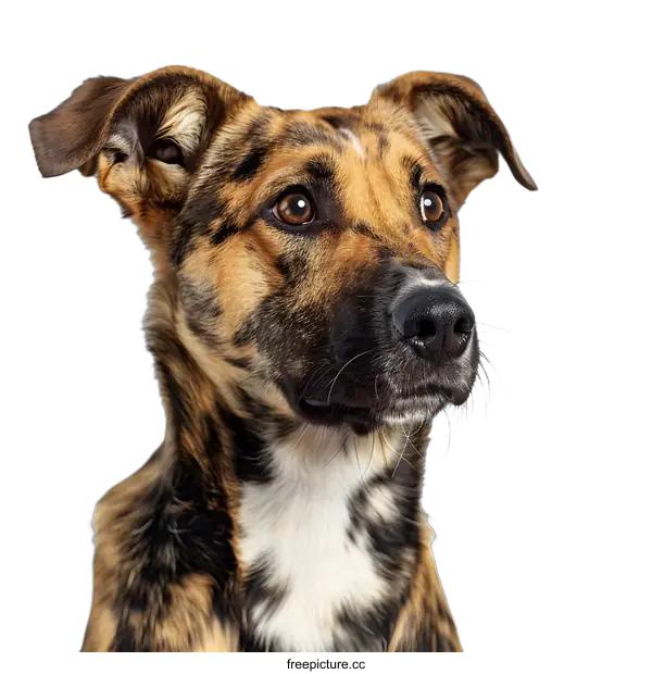 [Transparent Background PNG]A close-up portrait of a brown and black dog looking away from the camera with a white background