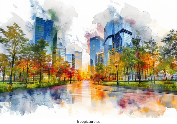 Artistic City Illustration with Vibrant Autumn Trees and Modern Buildings