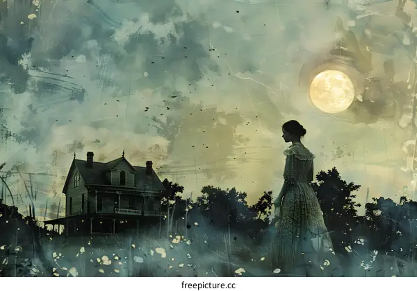 Silhouette of Woman Walking Towards a House with a Full Moon in the Background