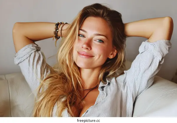 Relaxed Caucasian Woman Posing on Sofa
