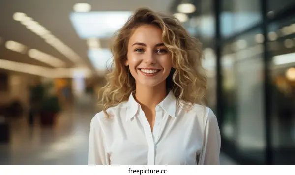 Portrait of a smiling young woman with long blond hair wearing a white shirt