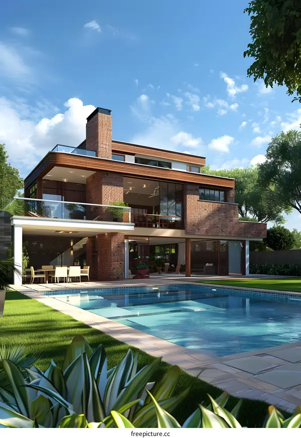 Modern Brick House With Swimming Pool Design