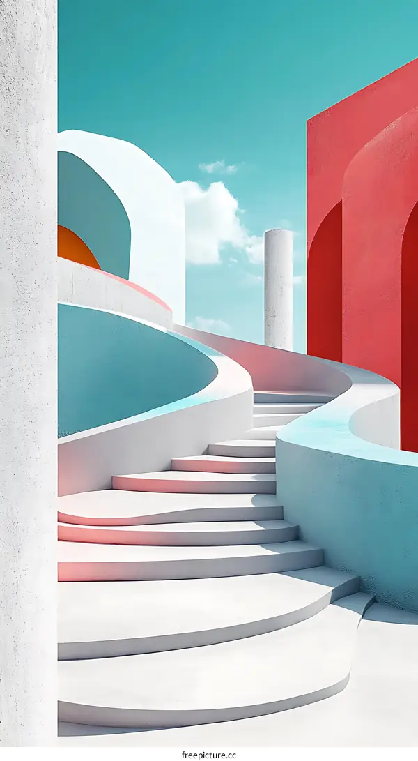 Abstract Architecture with Curved Stairs and Colorful Walls