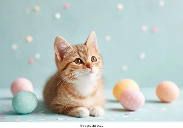 Adorable Kitten with Easter Eggs