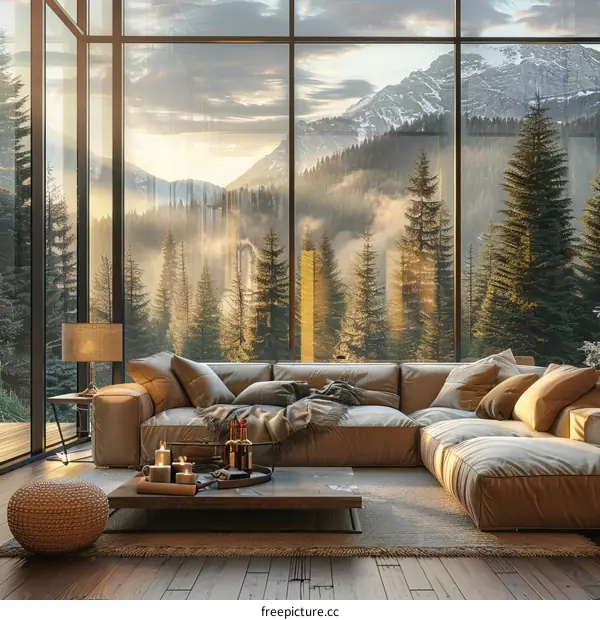 Modern living room interior with large windows and a view of the mountains