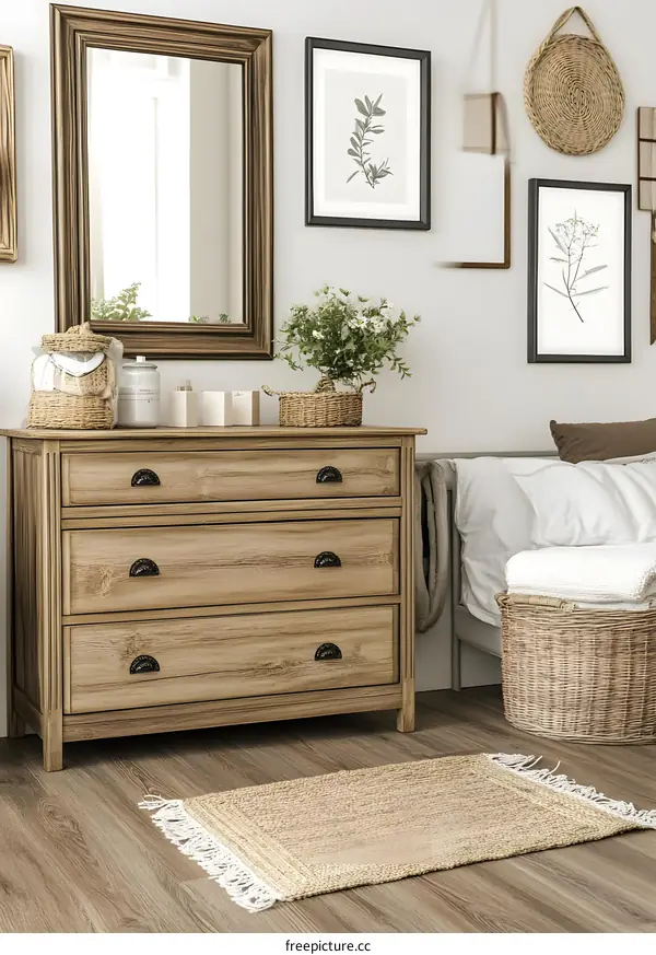 Modern Minimalist Bedroom Decor with Wooden Dresser and Mirror