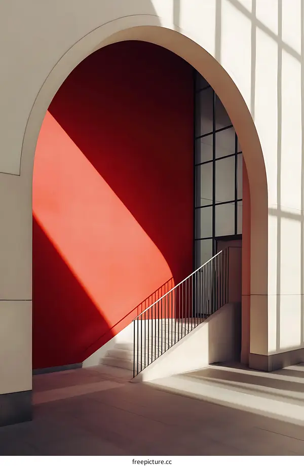 Red Wall and Staircase with Archway and Sunlight