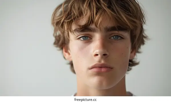Young Man With Blue Eyes and Freckles Looking at the Camera