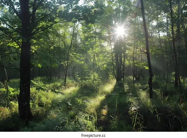 The sun shines through the trees in the forest