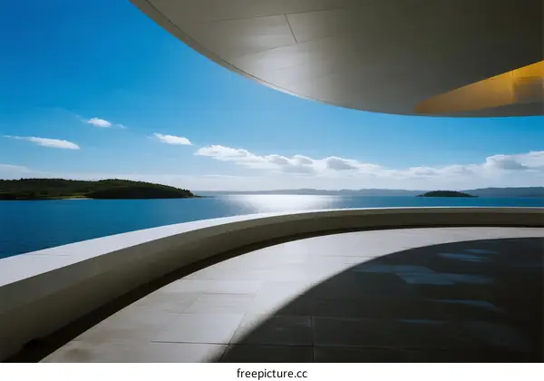Modern architectural design with a view of the lake under clear sky