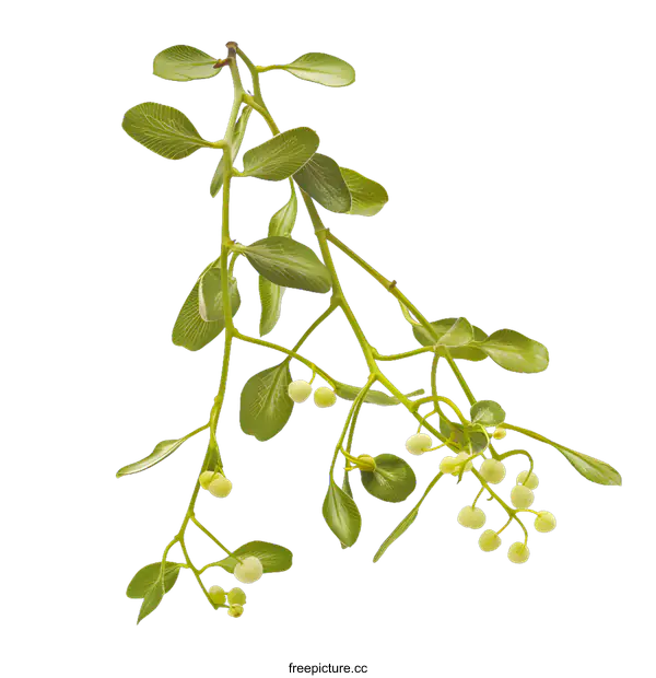 [Transparent Background PNG]Green Mistletoe Branch with Berries Isolated on White Background