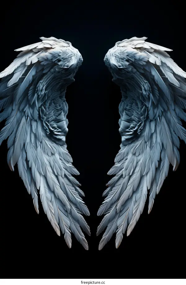 A depiction of white angel wings with intricate feather details against a black background