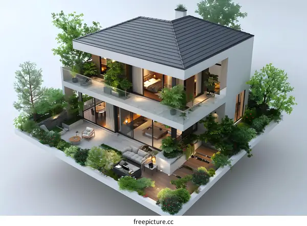 A 3D rendering of a two-story modern house with a garden