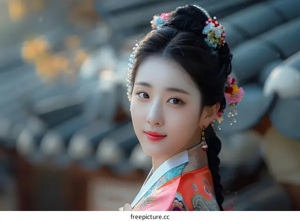 Portrait of a beautiful Korean woman in traditional Hanbok dress
