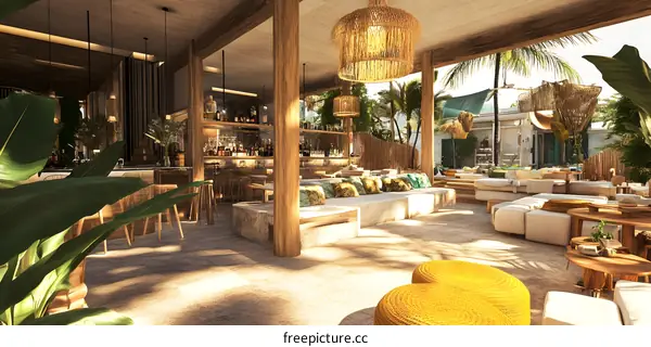 Tropical Bar Lounge Design with Wooden Furniture and Palm Trees