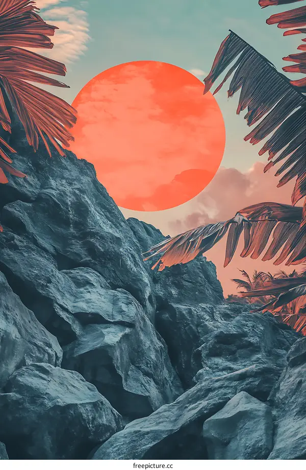 Abstract Sunset Over Rocks and Palm Trees