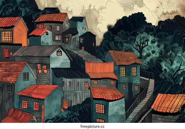 Illustration of a Hillside Village with Red Roofs and Stone Walls