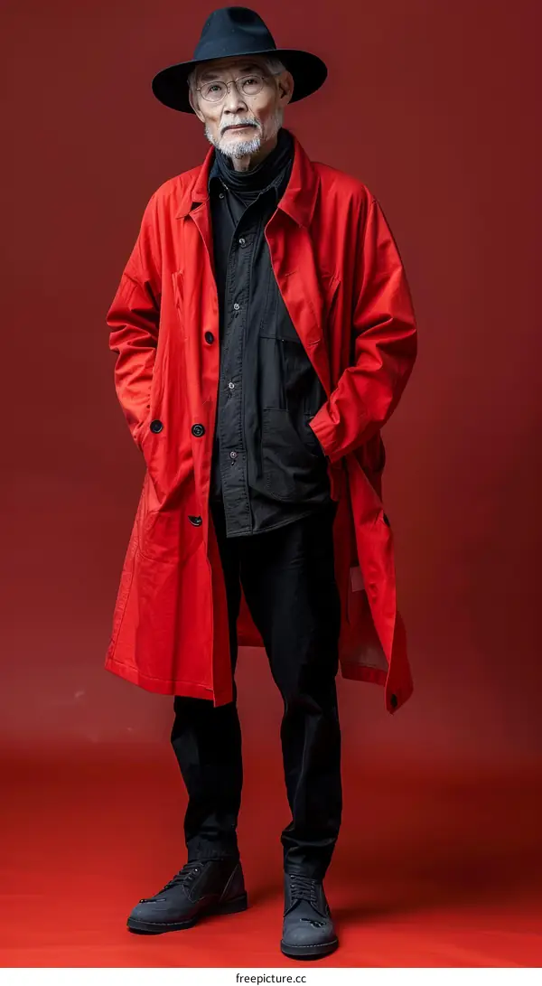 Portrait of a man wearing a red coat and black hat