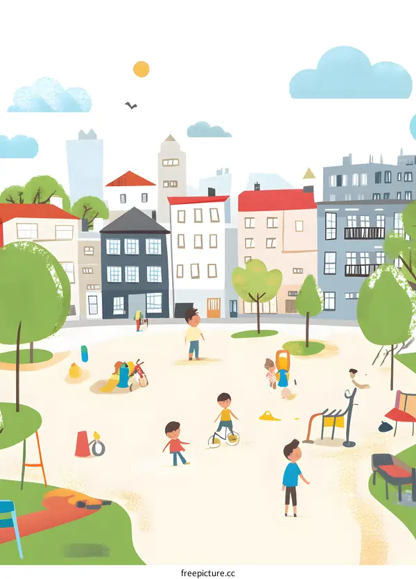 Children Playing In City Park Illustration