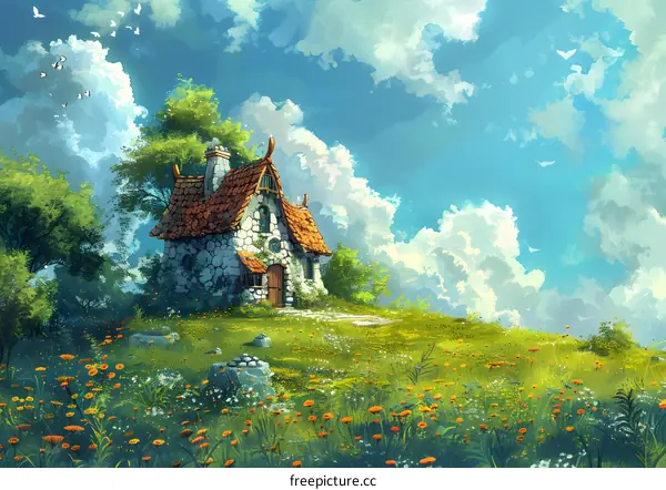 cottage in the flower field