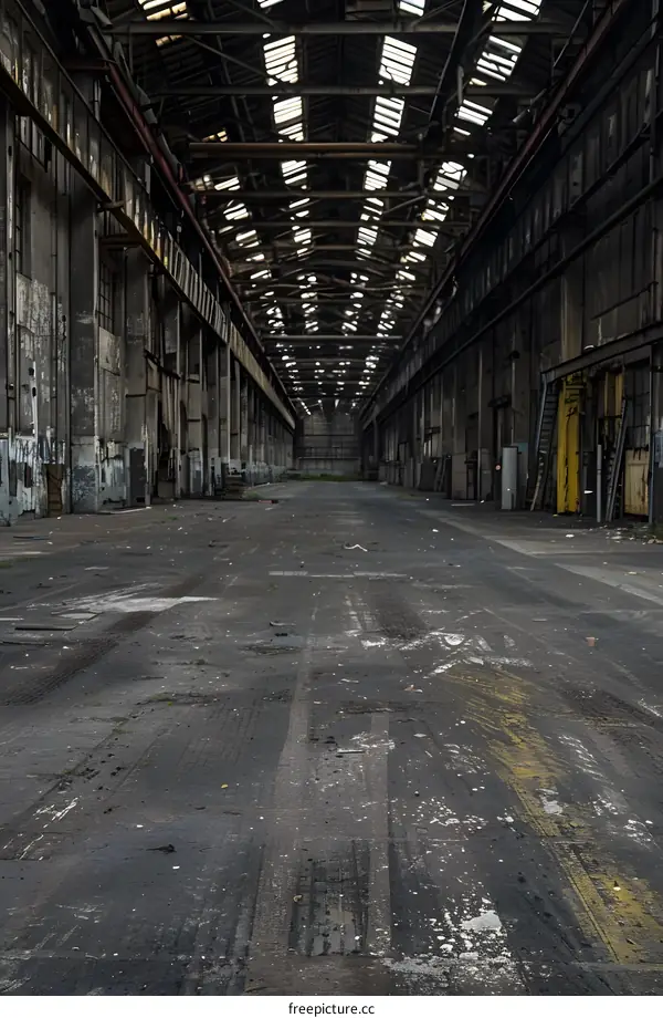 Abandoned Industrial Building Interior with Rusty Metal Beams and Concrete Floor
