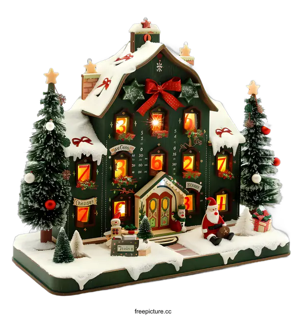 [Transparent Background PNG]Wooden Christmas Advent Calendar House With Santa Claus Figurine