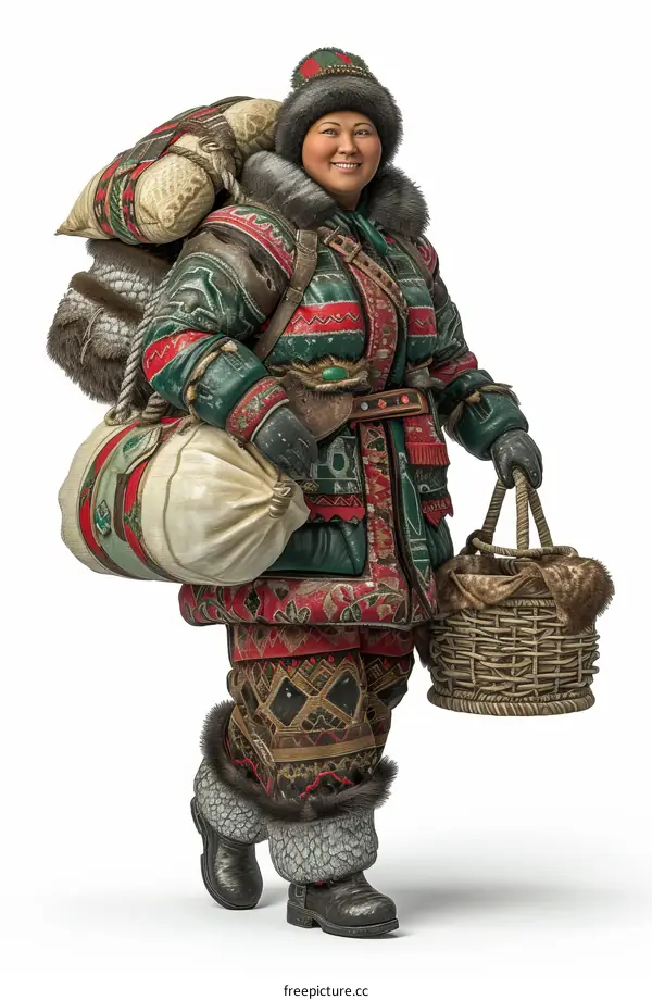 Ainu Woman in Traditional Clothing with Baskets