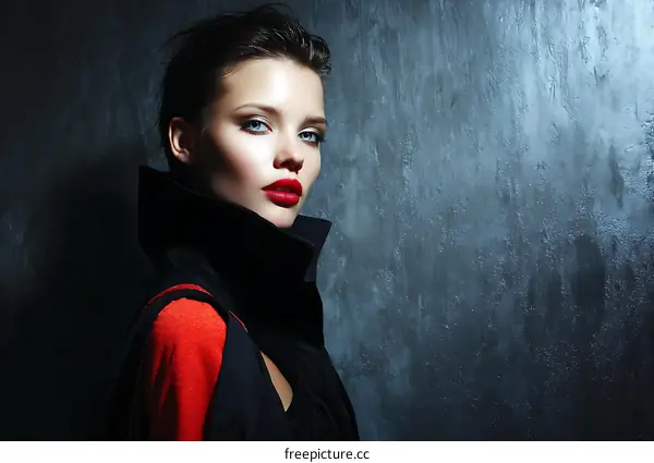 Fashionable Woman in Stylish Clothing Against Dark Background