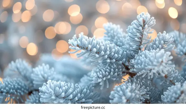 Close-Up of Snow-Covered Fir Tree Branches with Blurred Lights