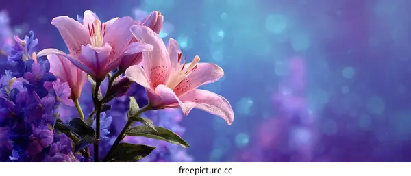 Beautiful Pink Lilies and Purple Flowers in Soft Lighting