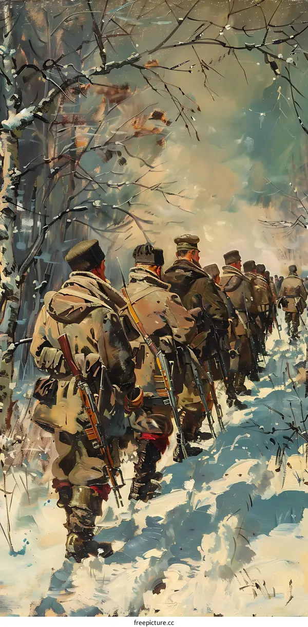 A group of soldiers in winter uniforms are walking through a snowy forest.