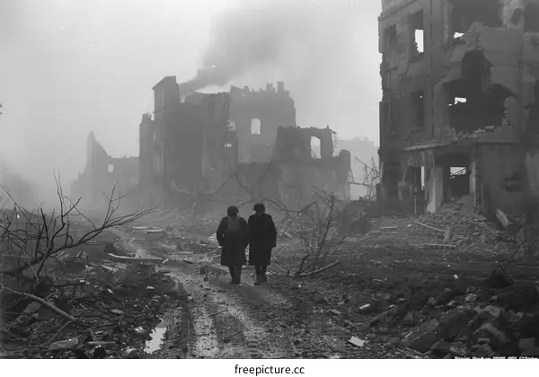 Two British Soldiers Walking Through A Ruined City