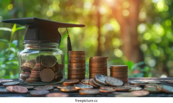Saving money for education concept with coins in jar and graduation cap on wooden table with blur nature background