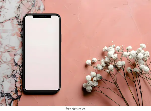 Blank Screen Smartphone With Flowers On Pink Background