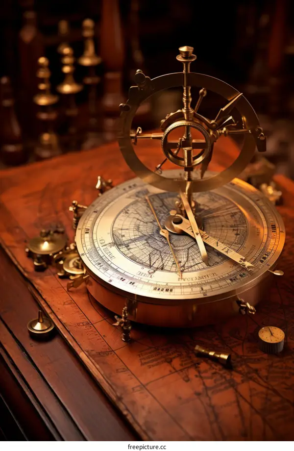 Antique Brass Astrolabe on Wooden Table