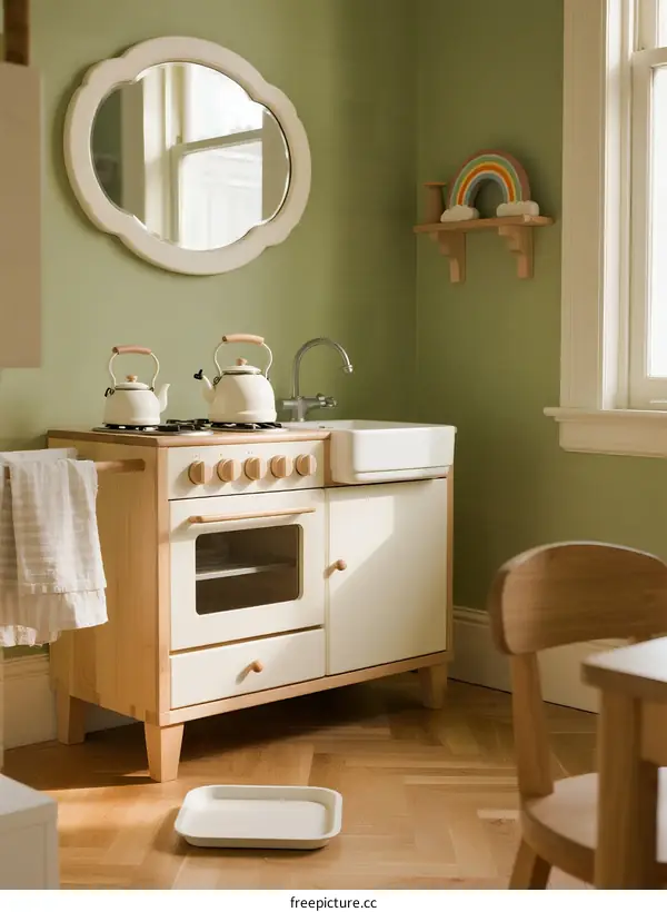 Vintage Wooden Doll Kitchen Set with Rainbow Decor and Sink