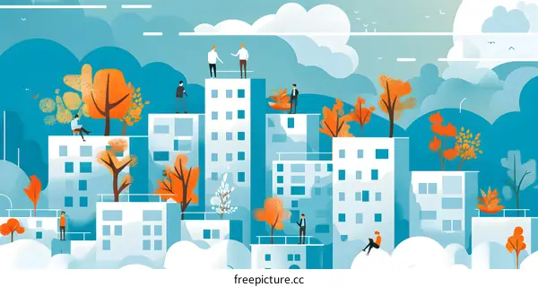 Modern Cityscape Illustration With People On Rooftop