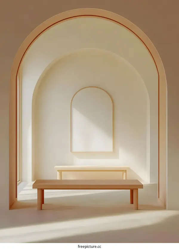 Minimalist Interior Design with Archways and Wooden Benches