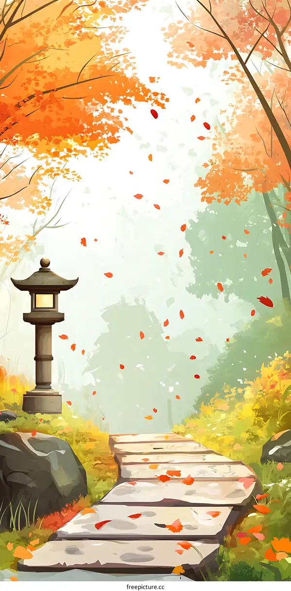 Autumn Forest Path with Lantern and Falling Leaves