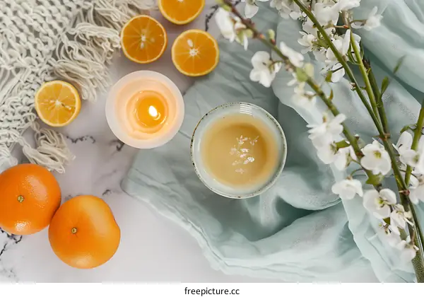 White Candle, Oranges, and Flowers on a White Marble Surface