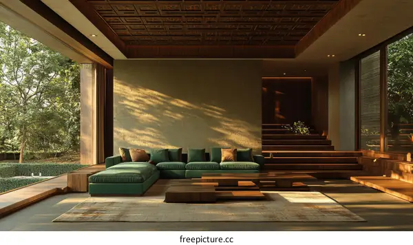 Modern Japanese Living Room with Green Sofa